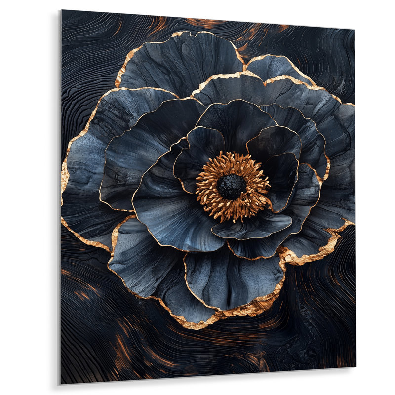 Doré bleu pivoines géode pierre I - pivoines, impression sur métal, H 20 po x l 12 po