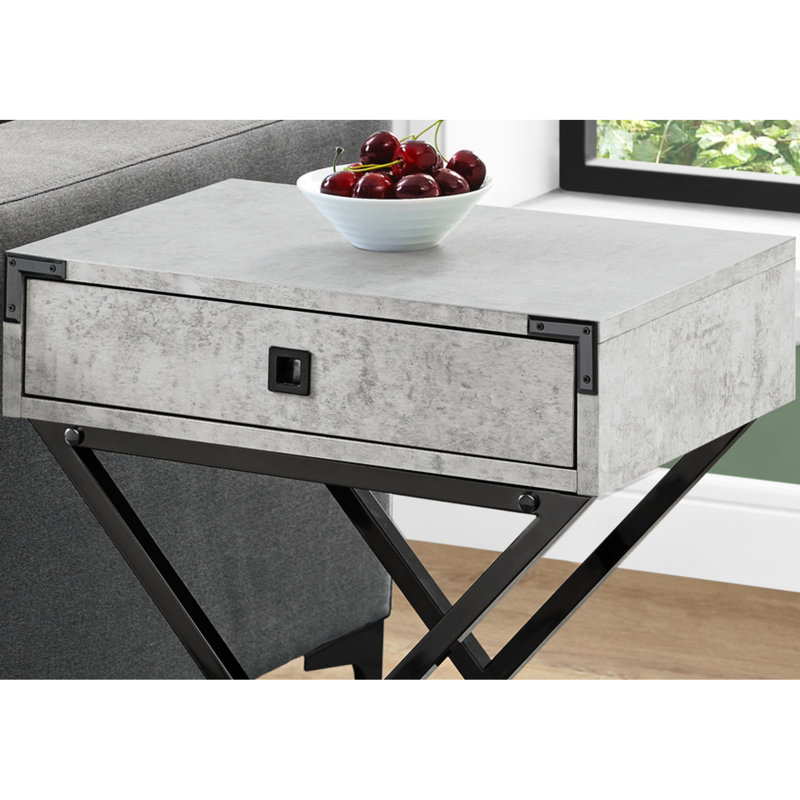 Table de chevet contemporaine avec base en métal noir et pieds de tiroir en stratifié gris