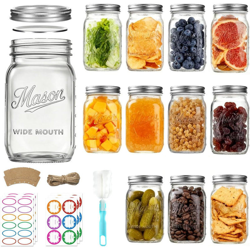 Bocaux Mason 950 ml (lot de 12) à large ouverture avec couvercles et bagues hermétiques | Bocaux en verre d'un litre pour la mise en conserve, les conserves et les marinades.