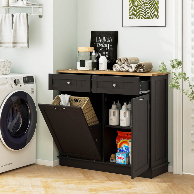 Wooden Kitchen Trash Cabinet Tilt Out Bin Holder With Drawer & Storage Shelf 