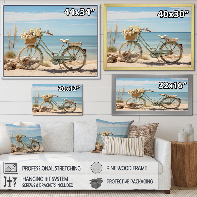 Vélo à pédales tranquilles près de la plage - impression, Cadre flottant doré, H 16 po x l 32 po x P 1 po