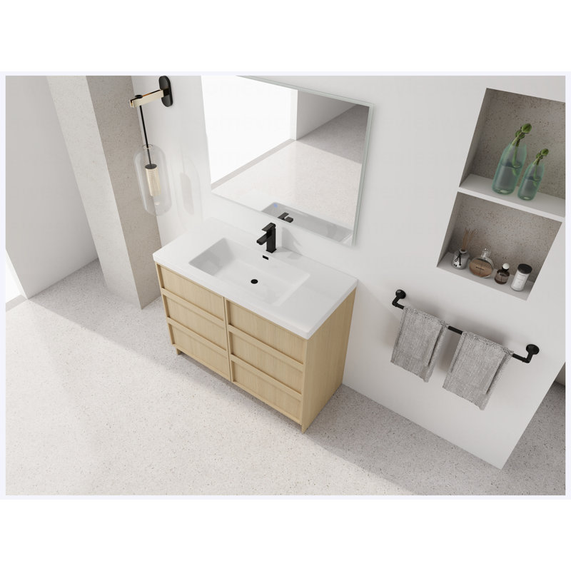 Meuble-lavabo autoportant de 42 po avec lavabo en résine, 2 portes d'armoire à fermeture en douceur, fabrication en contreplaqué, chêne Dune