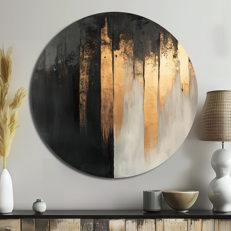 Or et noir, formes modernes - transitionnel abstrait, art mural rond en métal, L 29 po x H 29 po