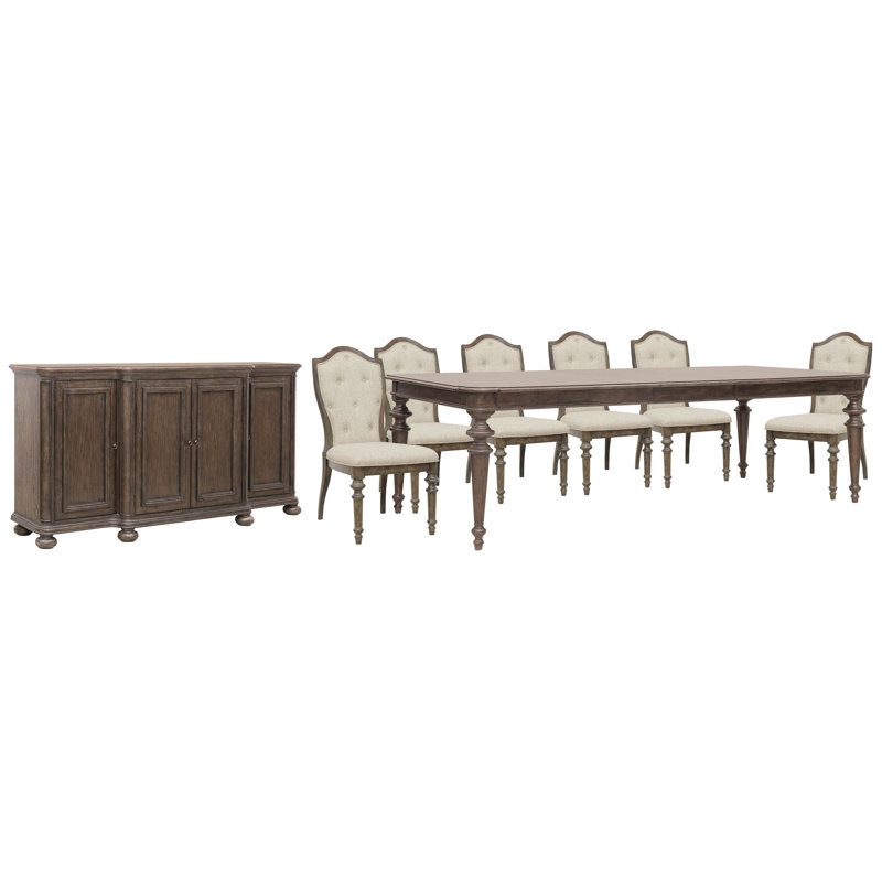 Table de salle à manger avec pieds extensibles et 6 chaises d'appoint rembourrées, 8 pièces: table, 6 chaises, buffet