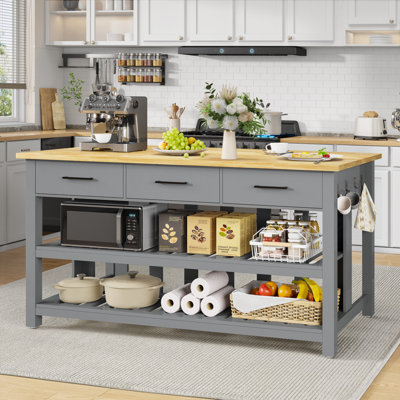 Îlot de cuisine en bois massif 60 po avec prises électriques, 3 tiroirs profonds et 2 tablettes ouvertes