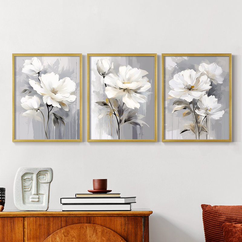 Étude florale CXLVI -Set de 3 estampes giclées encadrées -Prêt à, H 28 po x l 22 po, Gold Framed