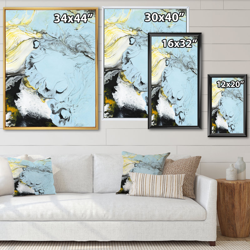 Encre de marbre bleu clair, jaune et noir - reproduction sur toile, Toile à cadre flottant blanc, H 20 po x l 12 po
