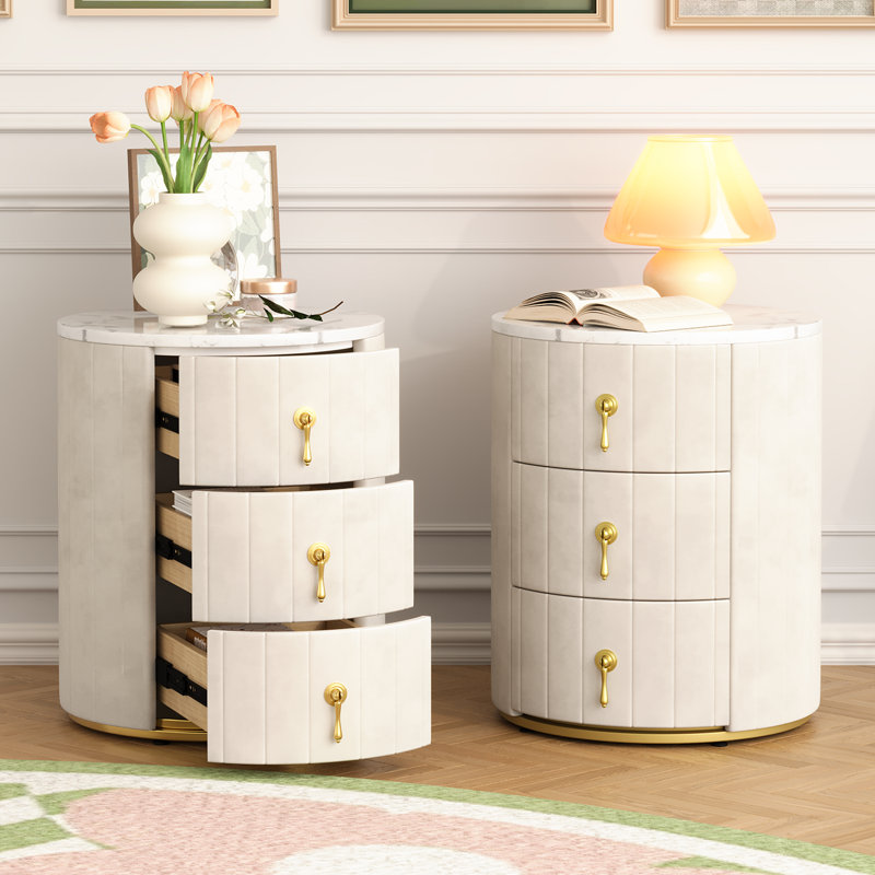 Table de chevet rembourrée à 3 tiroirs, Beige, Ensemble de 2