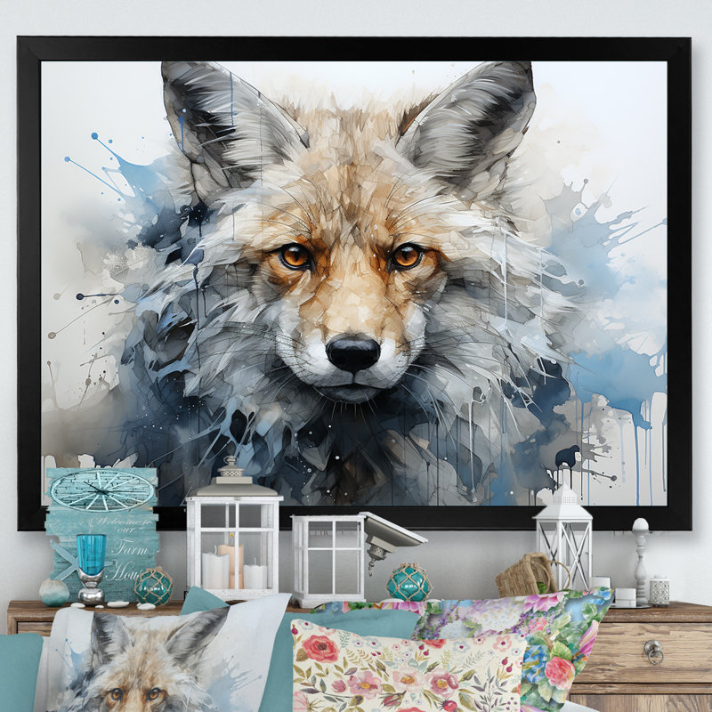Portrait de renard bleu et blanc, Cadre simple noir, H 16 po x l 32 po x P 1 po