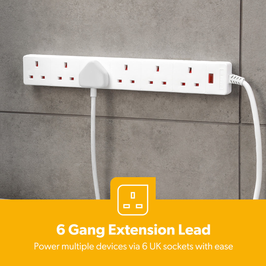 Geepas 6 Gang Extension Lead | 6-Way Plug Extension Cable | 6 Socket Power Strip with Neon Indicator Light | Heavy Duty UK Plug