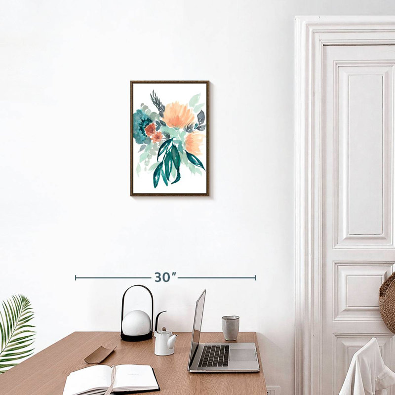 Bleu sarcelle et bouquet de pêche I, Cadre flottant noyer, 13" x 19"