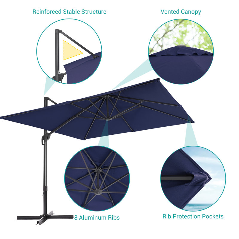 Parasol de patio en porte-à-faux carré de 10 pi x 10 pi avec rotation à 360 °, Bleu marine