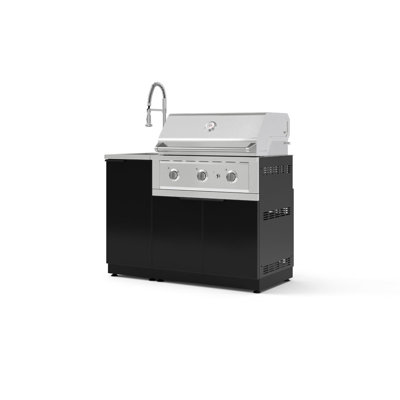 Ensemble d'armoires d'extérieur en aluminium noir 3 pièces avec évier, armoire de barbecue, barbecue au gaz naturel performant 33 po et robinet chromé