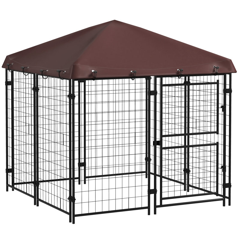 Chenil d'extérieur 4,6 pi x 5 pi, en acier robuste et imperméable pour petits et moyens chiens, à deux portes, abri de jardin brun, robuste