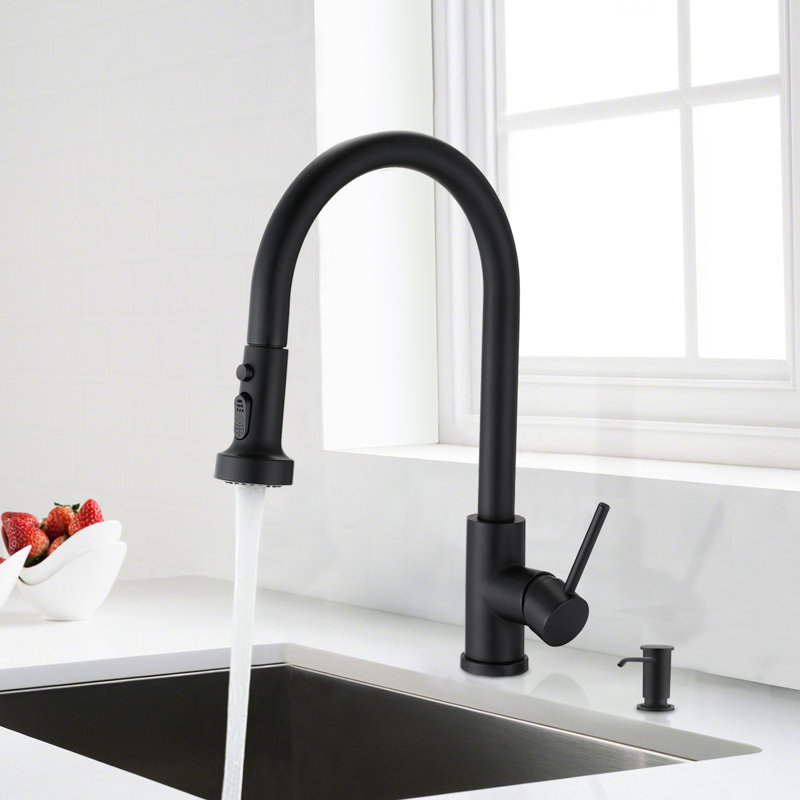 Robinet de cuisine rétractable en noir mat avec fabrication en acier inoxydable, distributeur de savon, grattoir et rouille, bec pivotant à 360 °, robinet à débit de 1,8 gallon par minute, acier, noir