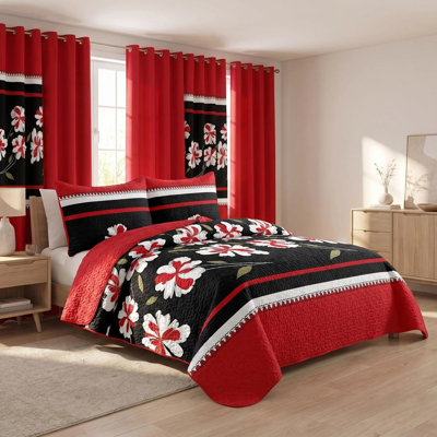 Ensemble de literie à motif floral rouge et noir 9 pièces très grand californien (très grand californien) - Couvre-lit matelassé en microfibre + voilages
