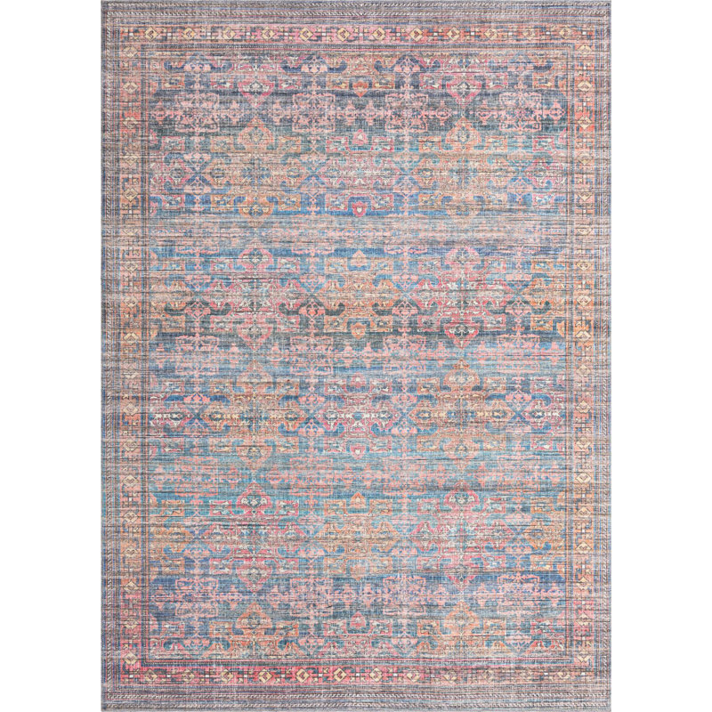 Tapis bleu tissé à la machine Hadsell, Rectangle 7 pi 3 po x 10 pi