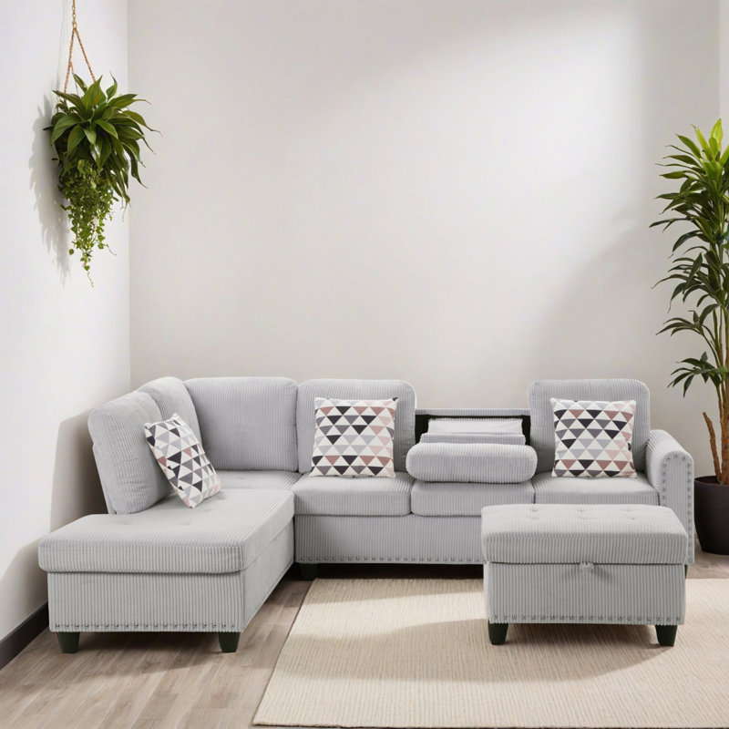 3 - Piece Upholstered Sectional, Light Gray Corduroy