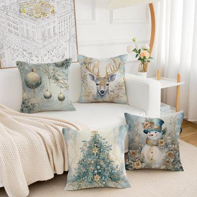 Winter Christmas Pillow Covers 18X18 Set Of 4 Blue And Gold Trees Reindeer Snowman Balls Decorative Throw Pillows Xmax Holiady Outdoor Cushion Cases For Sofa Couch