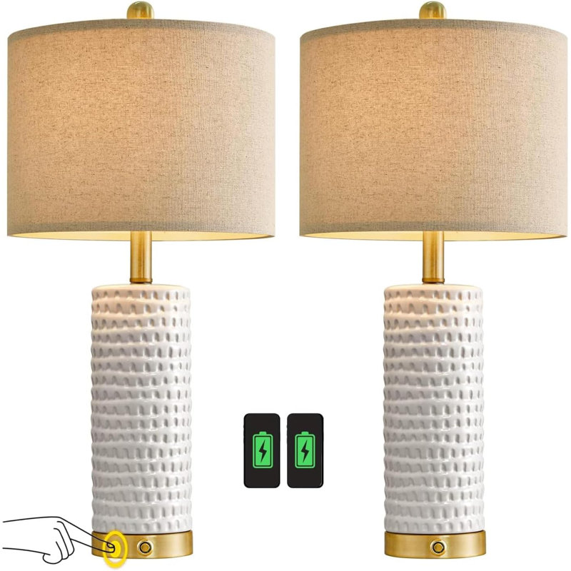 24" Farmhouse 3-Way Dimmable Touch Ceramic Table Lamp Set Of 2 For Bedroom Bedside Lamps With USB A+C Charging Ports For Living Room Nightstand Lamp End Table Lamps