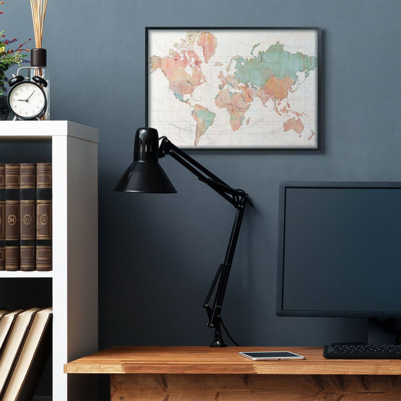 «World Map», reproduction, H 24 po x l 30 po x P 1,5 po, Giclée encadrée noir minuit