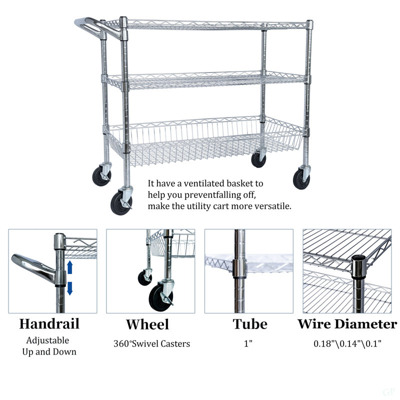 Heavy Duty Rolling Utility Cart,3 Tier Rolling Carts With Wheels,With Handle Bar & Shelf Liners,36"X18"X32"Storage Cart For Kitchen,Restaurant,Plant Display