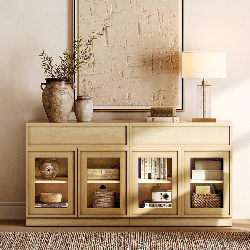 Armoire d'appoint moderne avec 4 portes en verre et tiroir, commode d'appoint multifonctionnelle avec grand rangement et tablette réglable