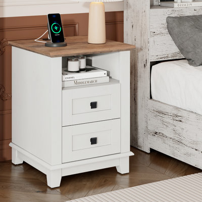 Hutchison Nightstand With Charging Station, Farmhouse Side Table With 2 Tiers Storage Drawer And 1 Open Wood Cubby For Bedroom, Office, Barnwood