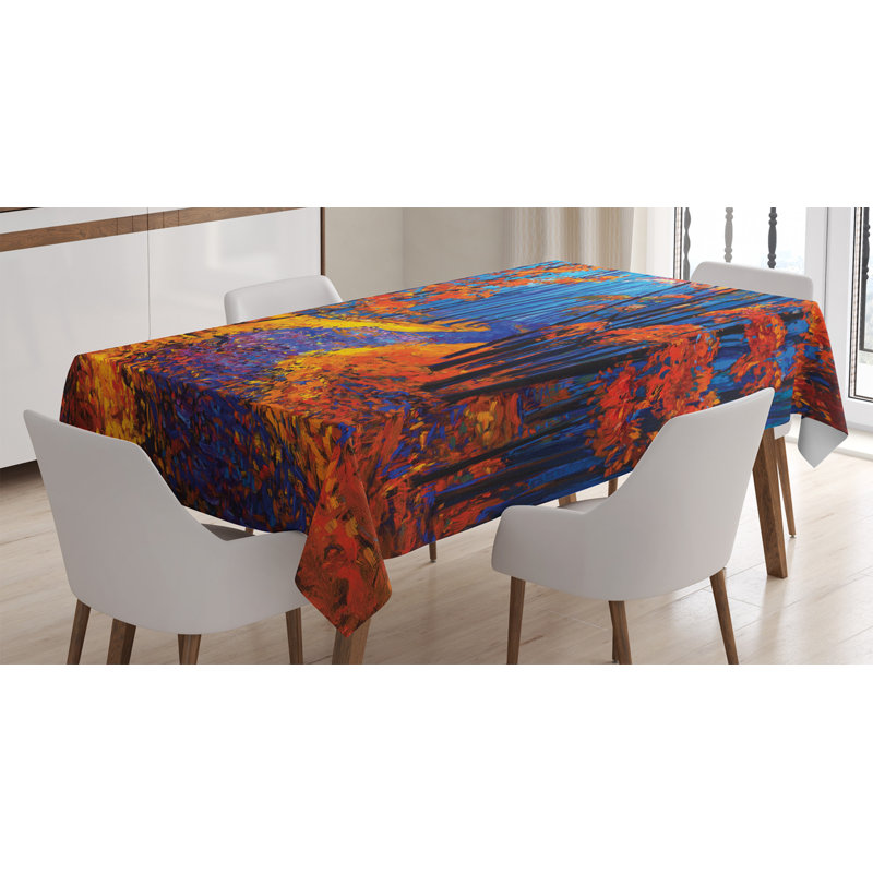 Ambesonne Country Tablecloth, Dark And Deep In The Forest In Fall Autumn Season Calm Nature Art Paint, Rectangular Table Cover For Dining Room Kitchen Decor, 60" X 90", Orange Navy