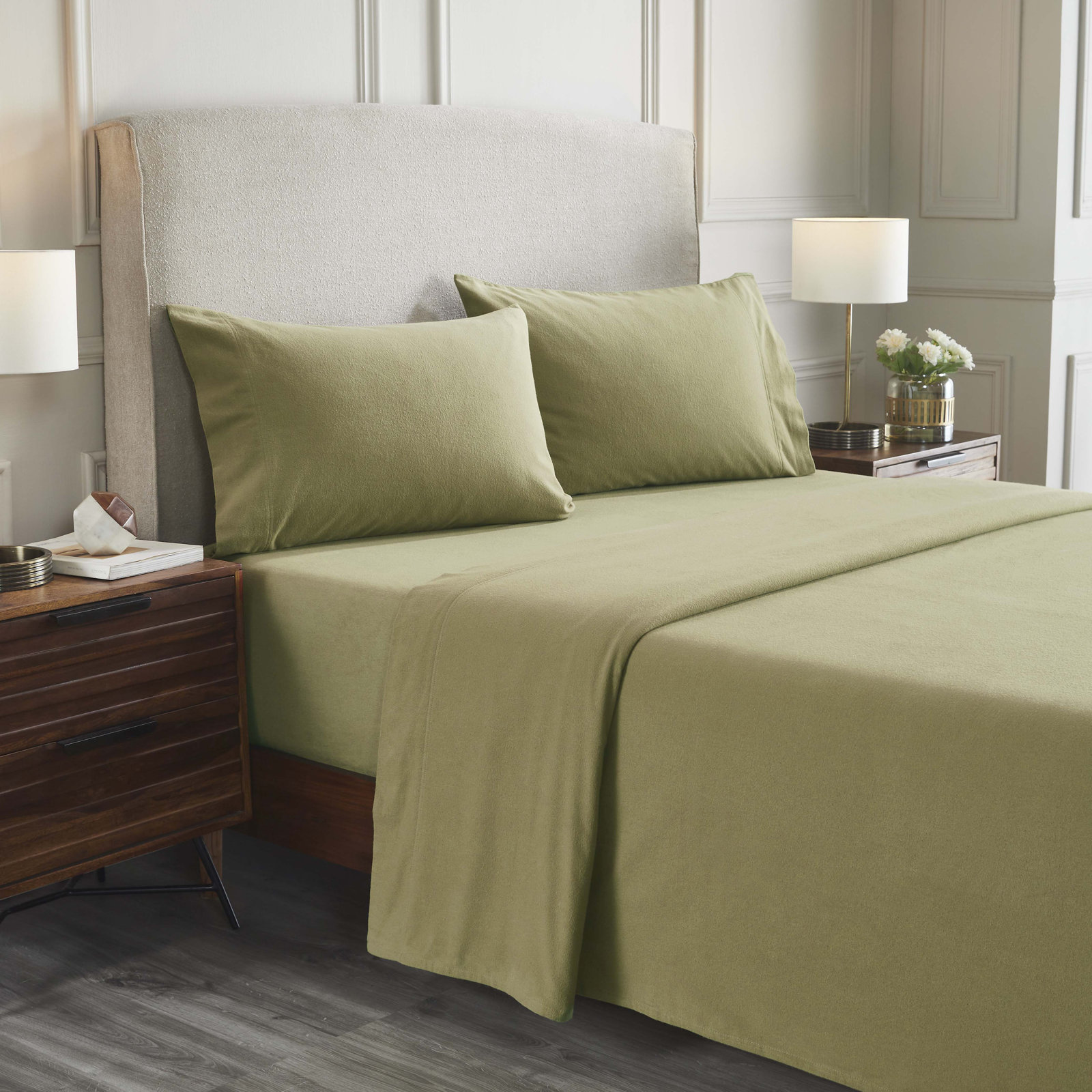 Cotton Flannel Sheet Set, King Sheet Set with 2 Pillowcases, Sage