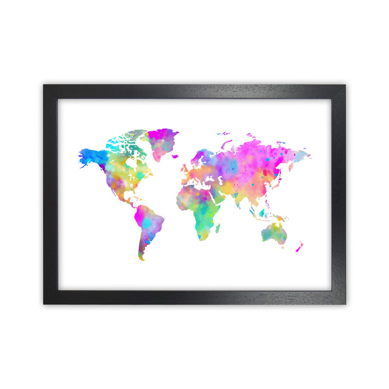 Colourful Watercolour Map - Print, Black Framed, 63cm H x 46cm W x 3cm D