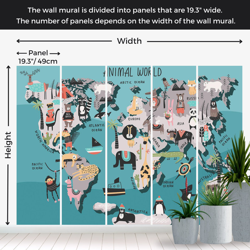 Adhésif mural pelez et collez pour enfants - carte du monde avec des animaux, L 38 po x L 27 po