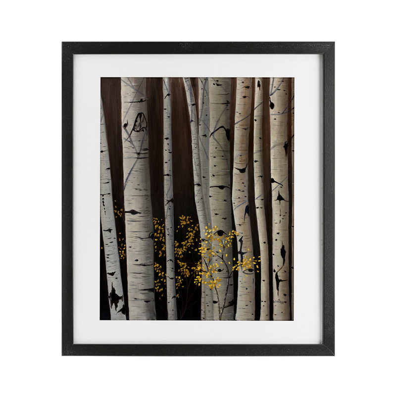 «Autumnal Birch Tree Trunks», reproduction sous verre encadrée, conception par Julie Peterson, Cadre noir minuit