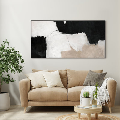 Extra Large Wall Art Fabric Print - Black White & Beige Abstract Block Composition Modern Living Room Decor - "Frame Assembly Required (Unfinished Frame)"