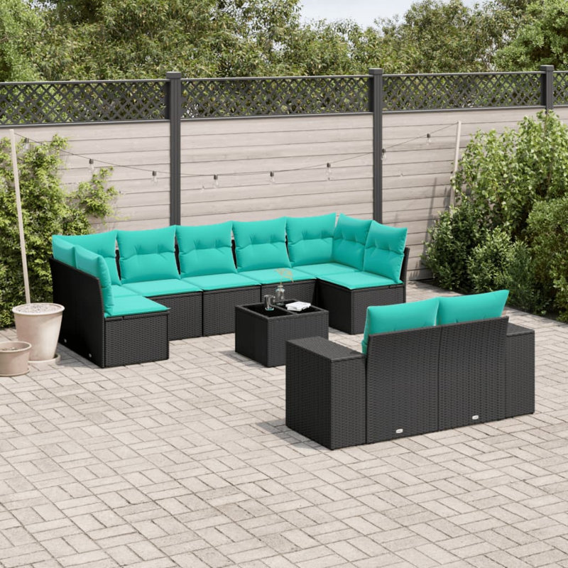 Ensemble de canapé de patio 10 pièces avec coussins en rotin de polyester, Bleu clair, Noir