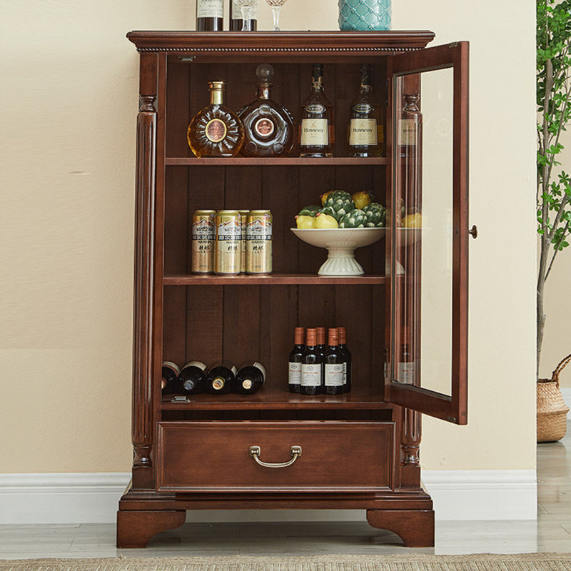Armoire à vin en bois massif à une porte 25,59 ", vitrine verticale en verre avec tiroir inférieur et rangement en couches pour ustensiles à vin
