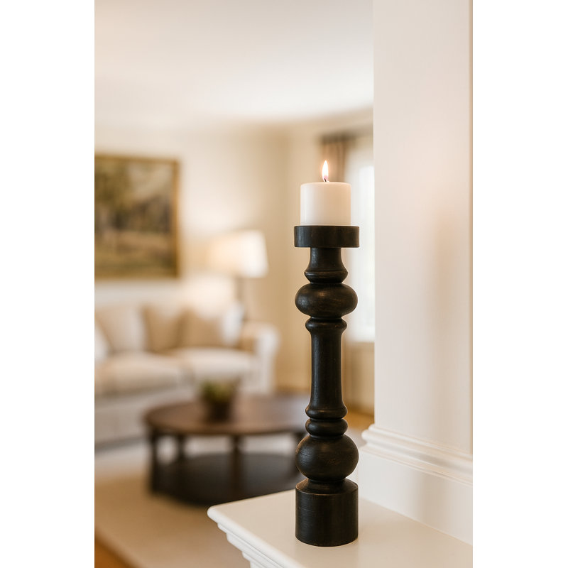 Baroque Pillar Candle holder - Large - Black, 15" H x 3.6" W x 3.6" D, Black