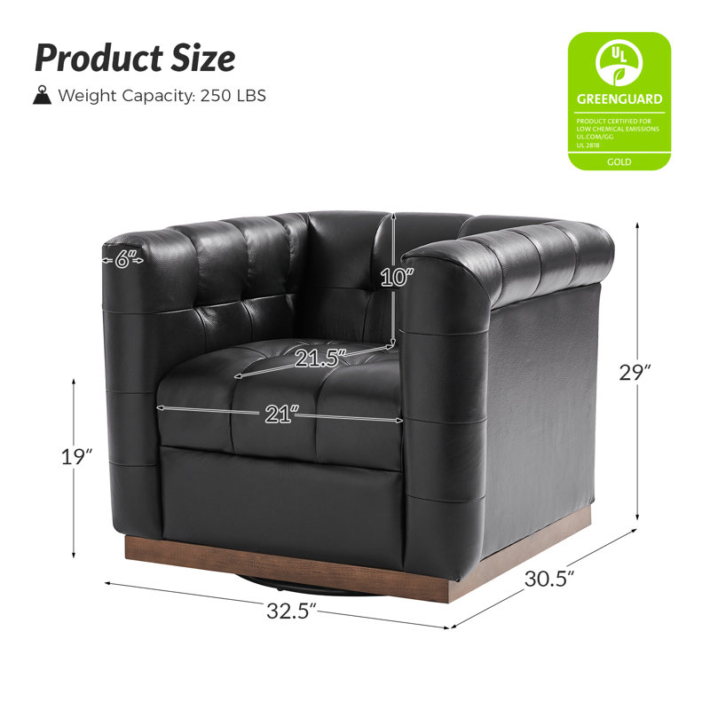 Fauteuil club pivotant carré en cuir véritable l 32,5 po Sonika, Noir