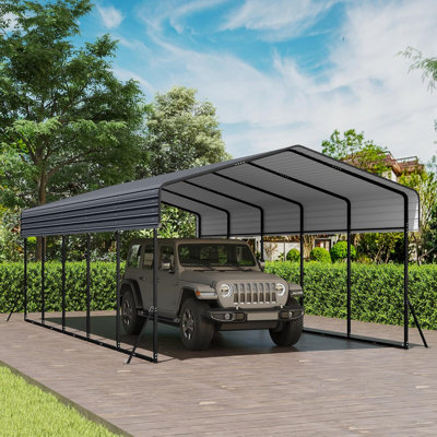 13'x26' Gray Heavy Duty Metal Carport, Galvanized Steel Roof & Sturdy Frame, Extra Long Outdoor Shelter for SUVs, Trucks & Boats