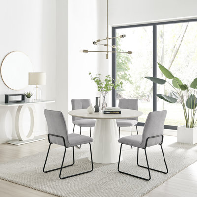 Edzard Statement 4 Person Round Dining Table Set in Luxury Stone Effect - Fabric Dining Chairs