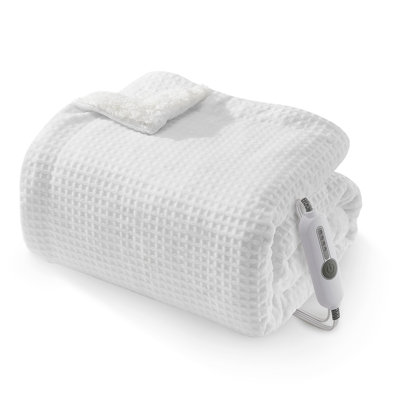 Couverture chauffante pleine grandeur 72 po x 84 po - Jeté électrique à chauffage rapide avec gaufres gaufrées - 4 niveaux de chaleur réglables, arrêt automatique après 10 heures, protection contre la surchauffe, lavable à la machine, flanelle douce, blanc