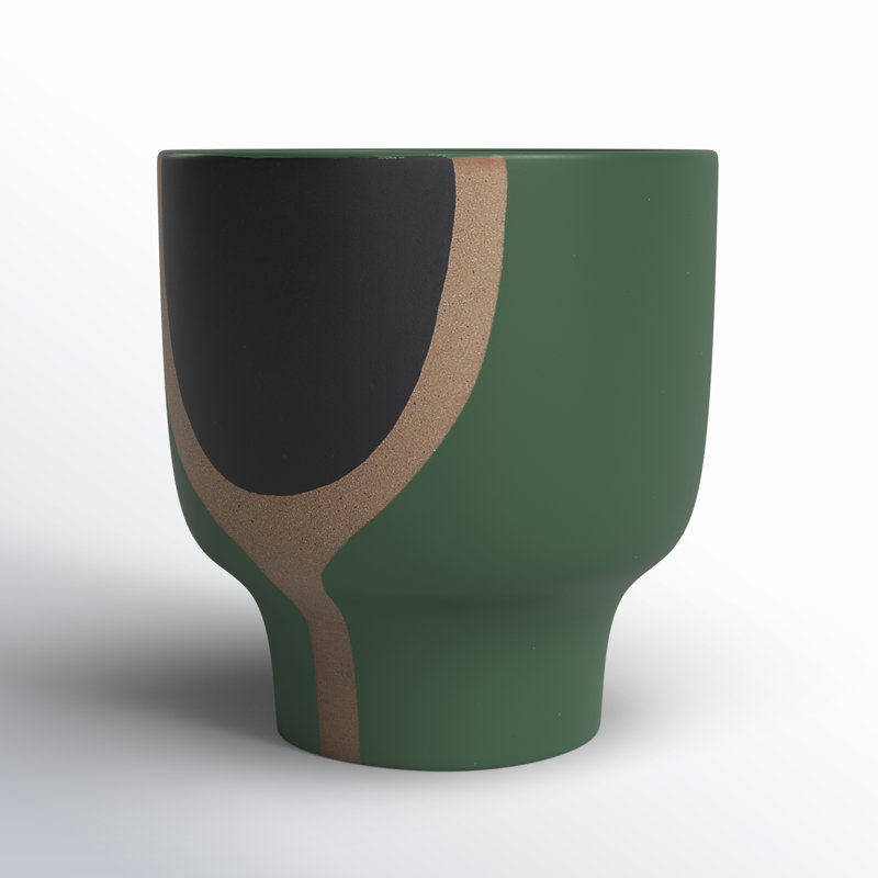 Boho 10" Emerald Ceramic Planter in Mushroom Shape, Green/Beige/Black