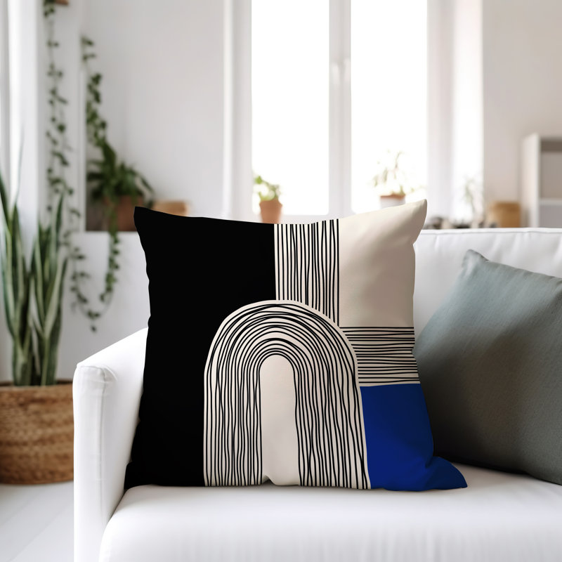 Coussin décoratif réversible intérieur / extérieur Cassie, Bleu marine / crème / noir, H 19 po x l 19 po