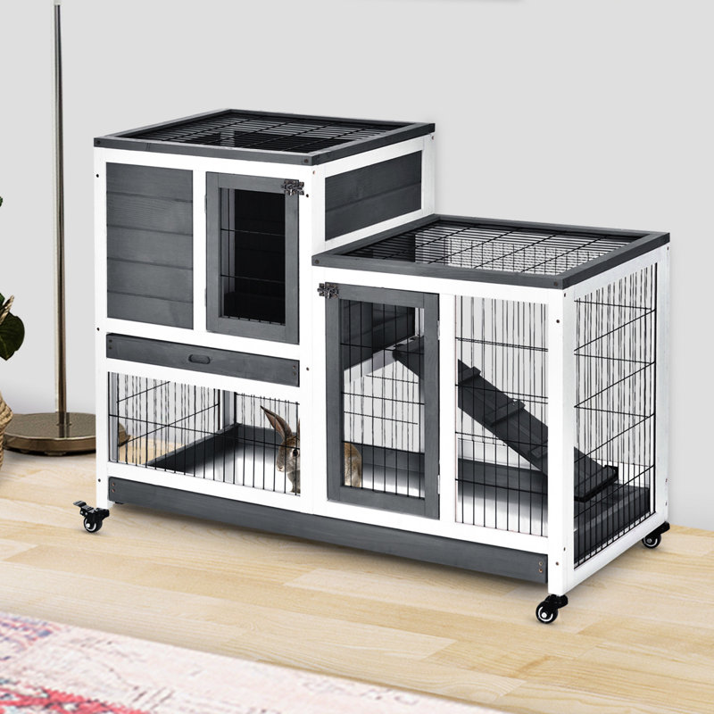 Cage pour animaux en bois massif avec roulettes et couche inférieure amovible pour petits animaux gris