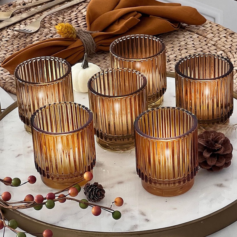 Vintage Ribbed Amber Glass Tealight & Votive Candle Holders (Set Of 6), Fall Decor, Boho Decor, Shelf Decoration (27206AB)