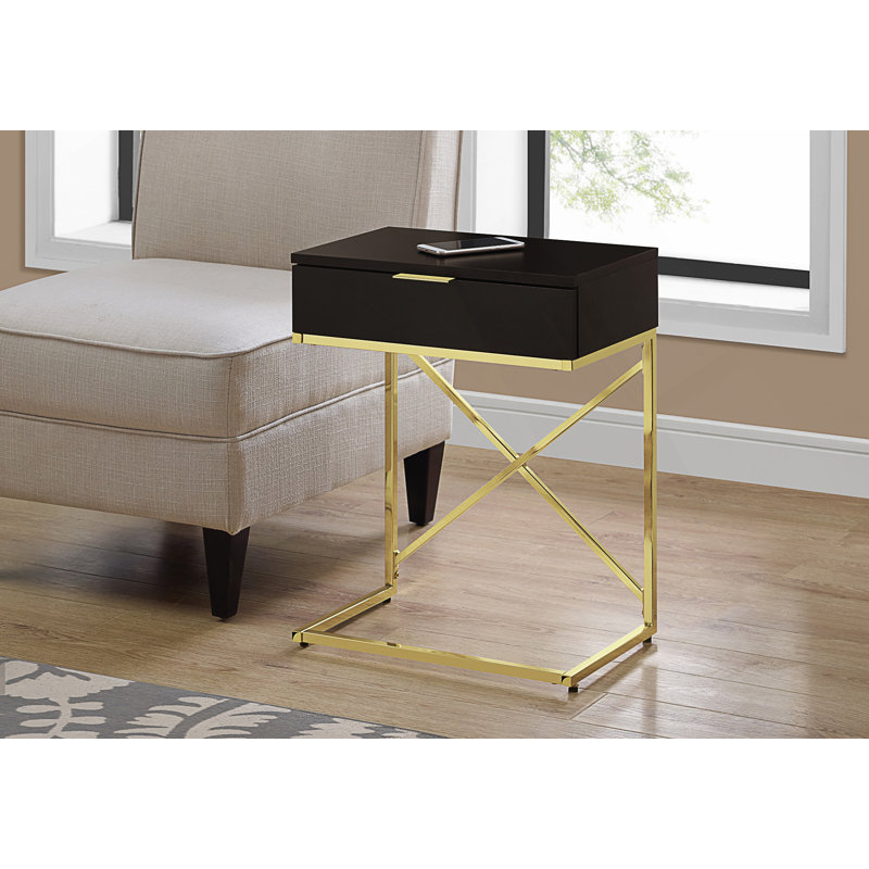Table d'appoint contemporaine avec tiroir spacieux et cadre en X doré pour le salon ou la chambre à coucher, Espresso