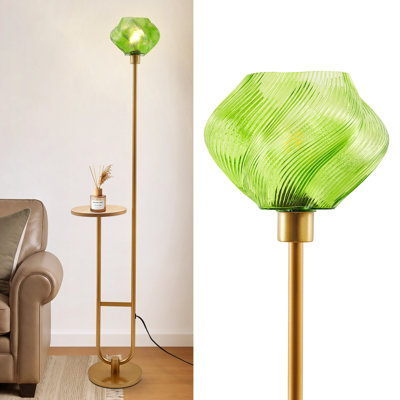 Lampe sur pied moderne avec tablette en bois intégrée, abat-jour en verre décoratif, finition laiton, 1 ampoule DEL incluse