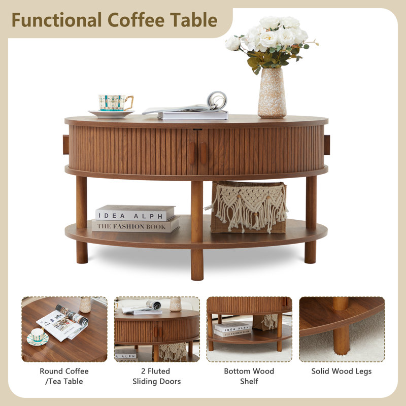 Table basse ronde avec porte coulissante, Noyer