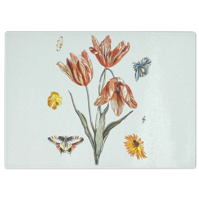 Tempered Glass Butterflies and Flower Chopping Board, 28.5 cm W x 20 cm L