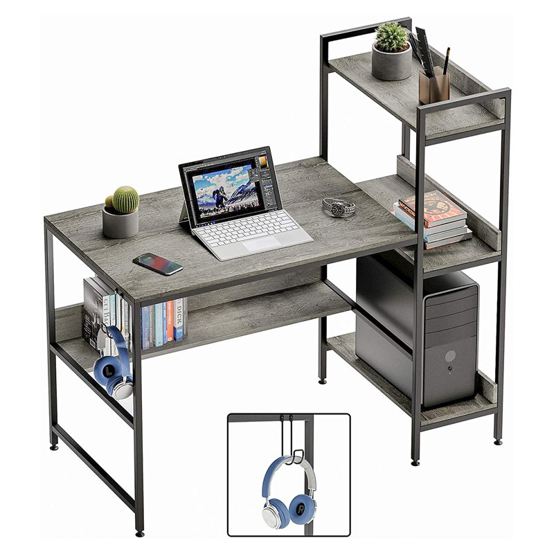 Gray Wood Computer Desk with Headphone Hook